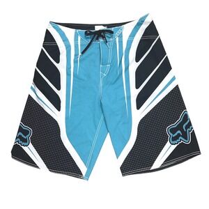 Fox Racing Mens Blue Black Graphic Board Shorts Swim Trunks Size 34 Logo Zip Fly